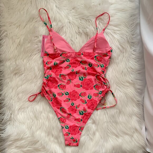 BETSEY JOHNSON Rose V-Neck Cinched Sides One Piece Swimsuit in Pink/Red Sz M - Picture 6 of 8